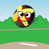 A screenshot of Swirl at the ballpark. Swirl is a red ball with black and yellow ribbing, and she has an animated smiling face. In the background is a pitcher's plate and green foliage.