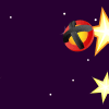 A screenshot of the Astro Adventure Ball app character Twirl in outer space among three large yellow stars. Whirl is a yellow ball with red and black ribbing.