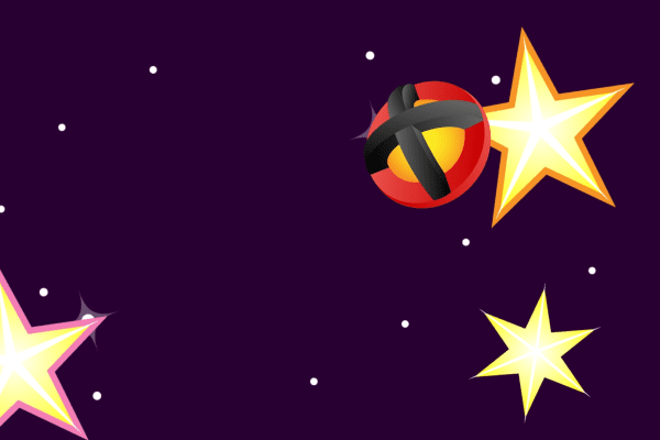 A screenshot of the Astro Adventure Ball app character Twirl in outer space among three large yellow stars. Whirl is a yellow ball with red and black ribbing.