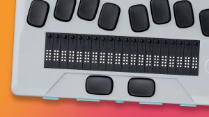 A close up view of the Chameleon 20's 20-cell refreshable braille display and Perkins-style keyboard.