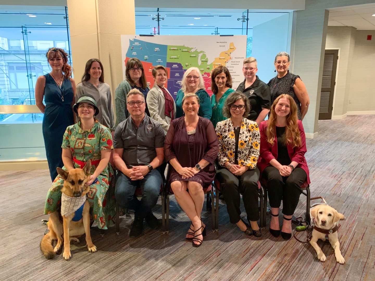 APH Outreach. Pictured Back Row from Left to Right: Alicia Wolfe, Jenny Wheeler, Stephanie Walker, Jennifer Brooks, Cindy Amback, Erin Weaver, Angela Dresselhaus, Valerie Mansfield. Pictured Front Row from Left to Right: Leslie Weilbacher with Guide Dog Fame, Jeff Schwartz, Leanne Grillot, Amy Campbell, Haley Blankenship.