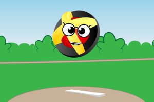 A screenshot of Swirl at the ballpark. Swirl is a red ball with black and yellow ribbing, and she has an animated smiling face. In the background is a pitcher's plate and green foliage.
