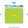 Screenshot of a yellow dog positioned in the center of one of the background scenes, a grassy backyard with a beige fence. Above the scene is a blue Settings button. To the left is a blue button that says "Move Target Image" and one on the right that says "Reset Target Image."