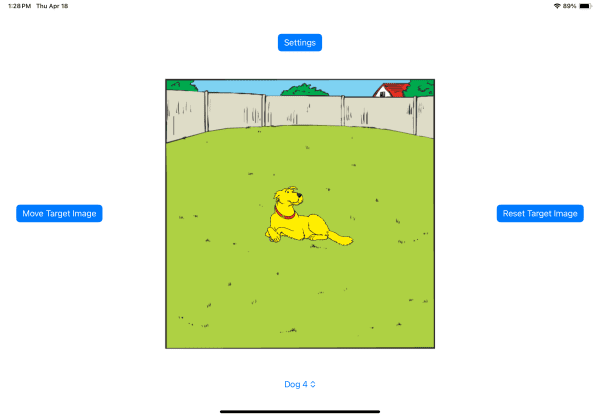 Screenshot of a yellow dog positioned in the center of one of the background scenes, a grassy backyard with a beige fence. Above the scene is a blue Settings button. To the left is a blue button that says "Move Target Image" and one on the right that says "Reset Target Image."