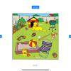 Screenshot of a yellow dog, a dog house, several plants, and a variety of other outdoor items positioned around one of the background scenes, a grassy backyard with a beige fence. Above the scene is a blue Settings button. To the left is a blue button that says "Move Target Image" and one on the right that says "Reset Target Image."