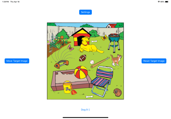 Screenshot of a yellow dog, a dog house, several plants, and a variety of other outdoor items positioned around one of the background scenes, a grassy backyard with a beige fence. Above the scene is a blue Settings button. To the left is a blue button that says "Move Target Image" and one on the right that says "Reset Target Image."