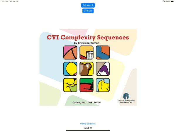 Screenshot of CVI Complexity Sequences app home screen containing the cover of the original CVI Complexity Sequences book by Christine Roman.