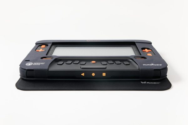 The front edge of the Monarch contains three yellow Android navigation keys. On the left is a triangle, a circle in the middle, and a square on the right. The Monarch sits on a white background. In the bottom left corner of the top face, the APH logo is visible.