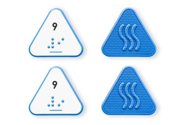 Comparison of two blue triangle number tiles showing the differences between UEB and Nemeth for the number 9.