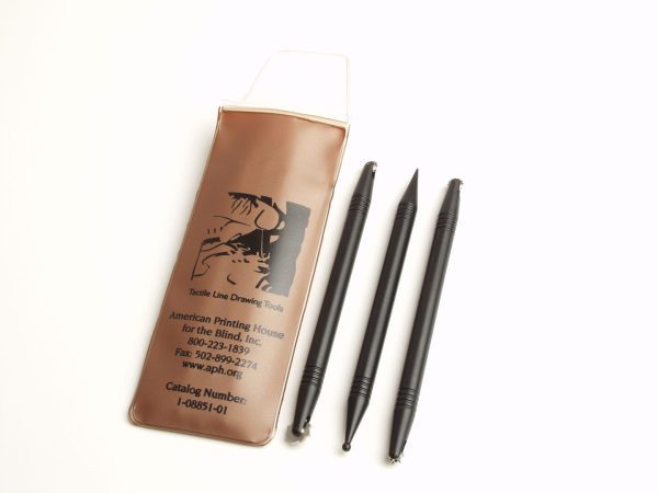 Three black line-drawing tools laid out parallel to the "Tactile Line Drawing Tools" pouch. Each tool is shaped like a pencil with a line-drawing instrument at both ends.