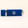 Blue USB thumb drive with a white APH logo sitting on a white background.