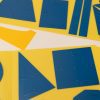 The Geometric Drawing Stencils on two yellow folders on a white background with 3D printed function stencils in between. Each blue stencil piece has tactile markings.
