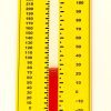 The Nemeth version of Tactile Demonstration Thermometer on a white background. The thermometer is yellow with black labels and a red velvet temperature gauge that can be moved up and down using a clear tab that indicates the temperature. Fahrenheit is on the left, and Celsius is on the right. In the bottom right corner is a label that reads, "Nemeth."
