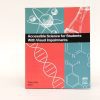 A copy of Accessible Science for Students With Visual Impairment on a white background. The cover is teal and salmon colored and features white line drawings of scientific diagrams.