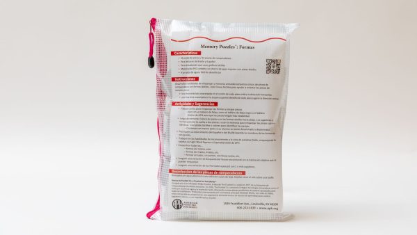 The back of the Memory Puzzles: Shapes carrying pouch. The back label lists the parts list, instructions for use, and ideas for activities.