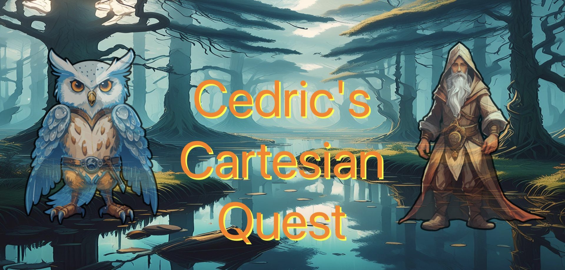 The words "Cedric's Cartesian Quest" appear in orange letters in front of an image of a forest. On the left side of the words, there is a woodland owl, on the right there is a drawing of Cedric the Wizard. He has a white beard, a brown cloak, and is holding a magic wand.