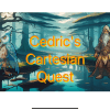 The home screen of the Cedric's Cartesian Quest app. In the center is the title in orange text. The wizard Cedric stands on the right side of the screen with his long white beard and brown wizard's robes. His armored white owl companion Aleithia is on the left. In the background is a swampy forest.