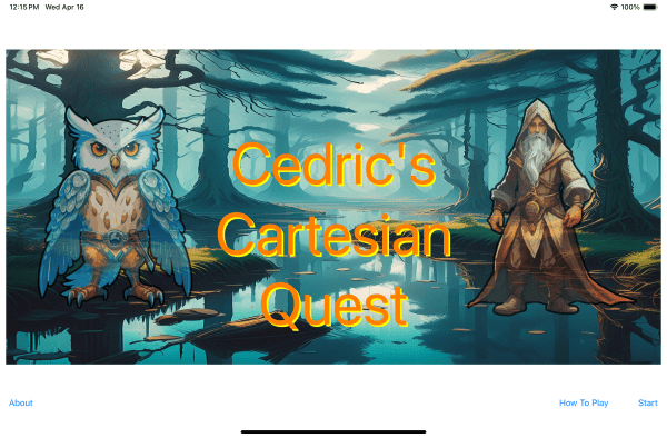 The home screen of the Cedric's Cartesian Quest app. In the center is the title in orange text. The wizard Cedric stands on the right side of the screen with his long white beard and brown wizard's robes. His armored white owl companion Aleithia is on the left. In the background is a swampy forest.