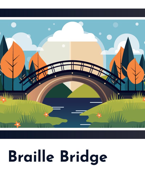 A bridge of bright blue and orange appears above the words