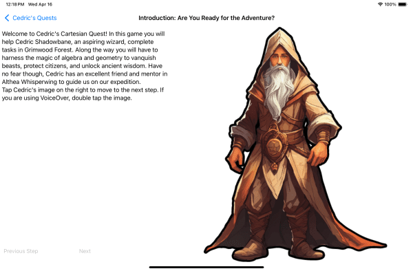 A screenshot of the introductory screen of the app. On the right is the wizard Cedric, and a block of text is on the left.