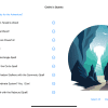 A screenshot of the list of quests within the app. On the left is a list of each quest, and on the right is a graphic depicting a wizard looking out from a cave into a nighttime forest.