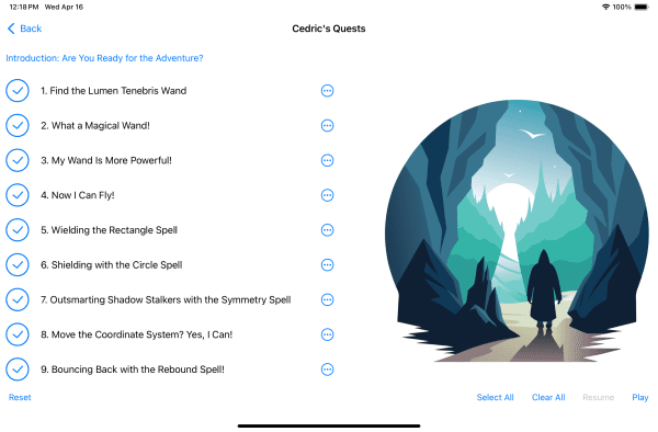 A screenshot of the list of quests within the app. On the left is a list of each quest, and on the right is a graphic depicting a wizard looking out from a cave into a nighttime forest.