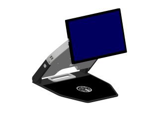 A front view of Neptune. Showing the detachable screen which is resting on top of a gray arm. At the bottom of the gray arm sits the camera, positioned above the bottom black piece, a resting place for the print piece to be scanned.