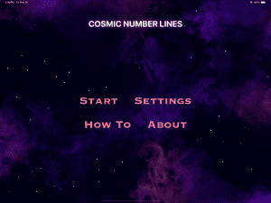 Cosmic Number Line app home screen with a blue and purple galaxy background. The options include Start, Settings, How To, and About.