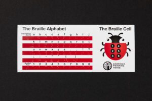A braille alphabet card with a ladybug-themed braille cell diagram on the right side. Braille letters and symbols are listed underneath their print counterparts.
