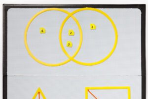  A Venn diagram arranged on the blank board of the AnyMath Kit, demonstrating how to find the common factors of 18 and 30.