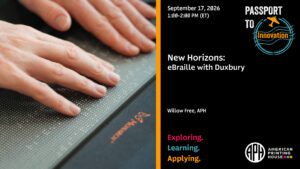 On the left is a photo of two hands resting on the Monarch. On the right, the text reads "New Horizons: eBraille with Duxbury."