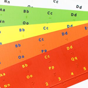 A set of five Alphabet Number Lines fanned out in a stack. Each number line features letters and numbers in large print and braille.
