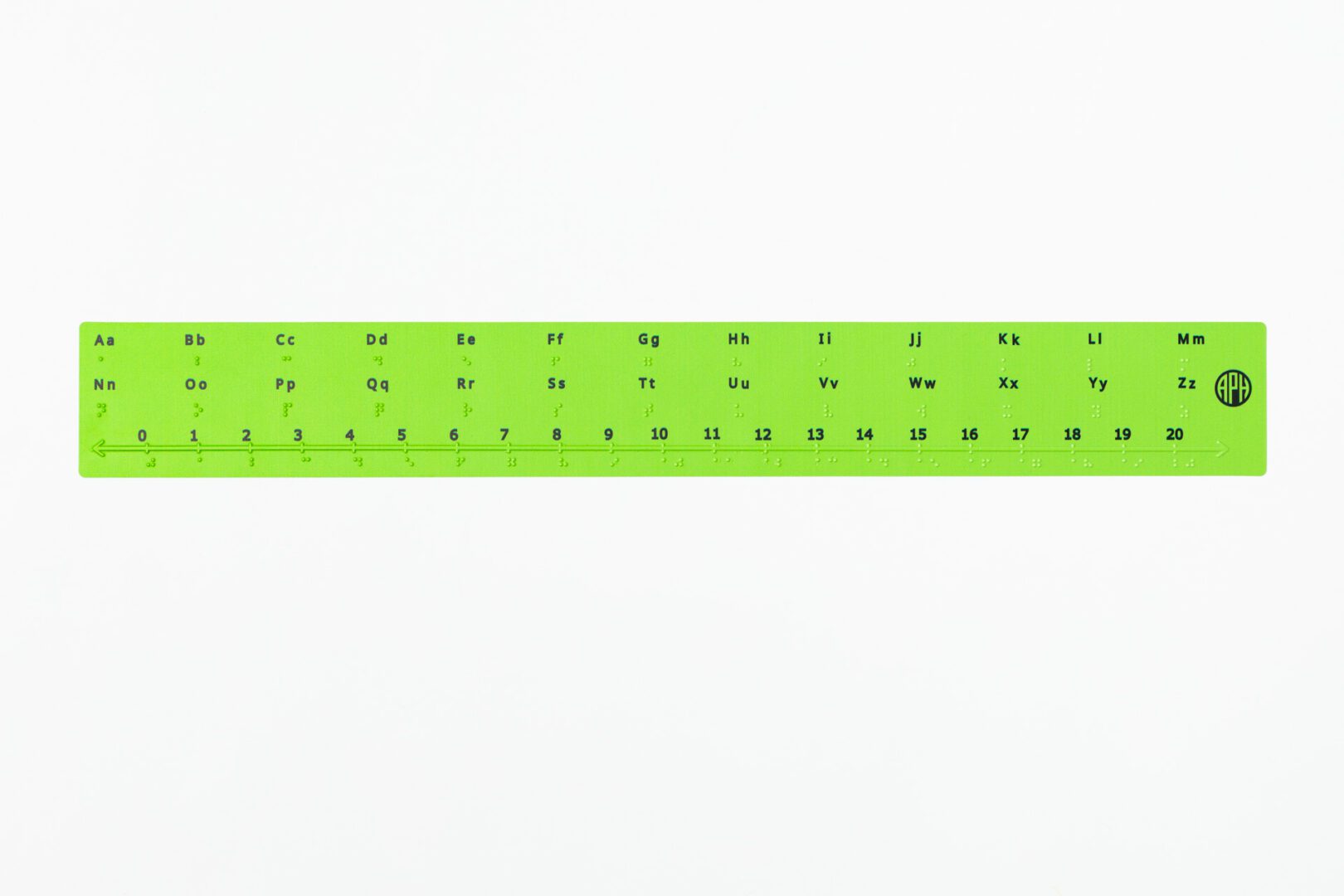 A green alphabet number line with black text and braille that features the entire alphabet and numbers 0 through 20.