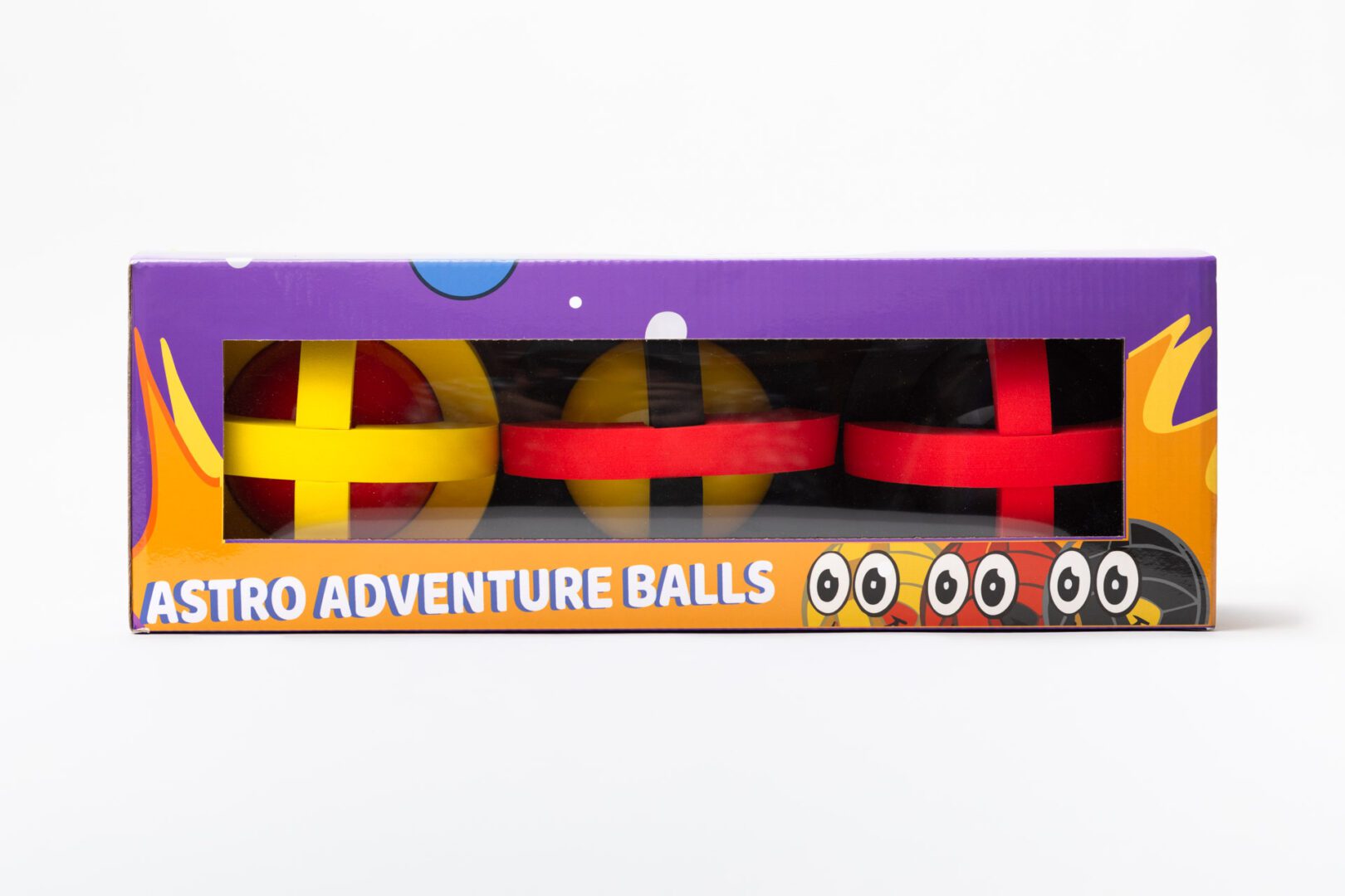 The purple and yellow decorative Astro Adventure Balls box.