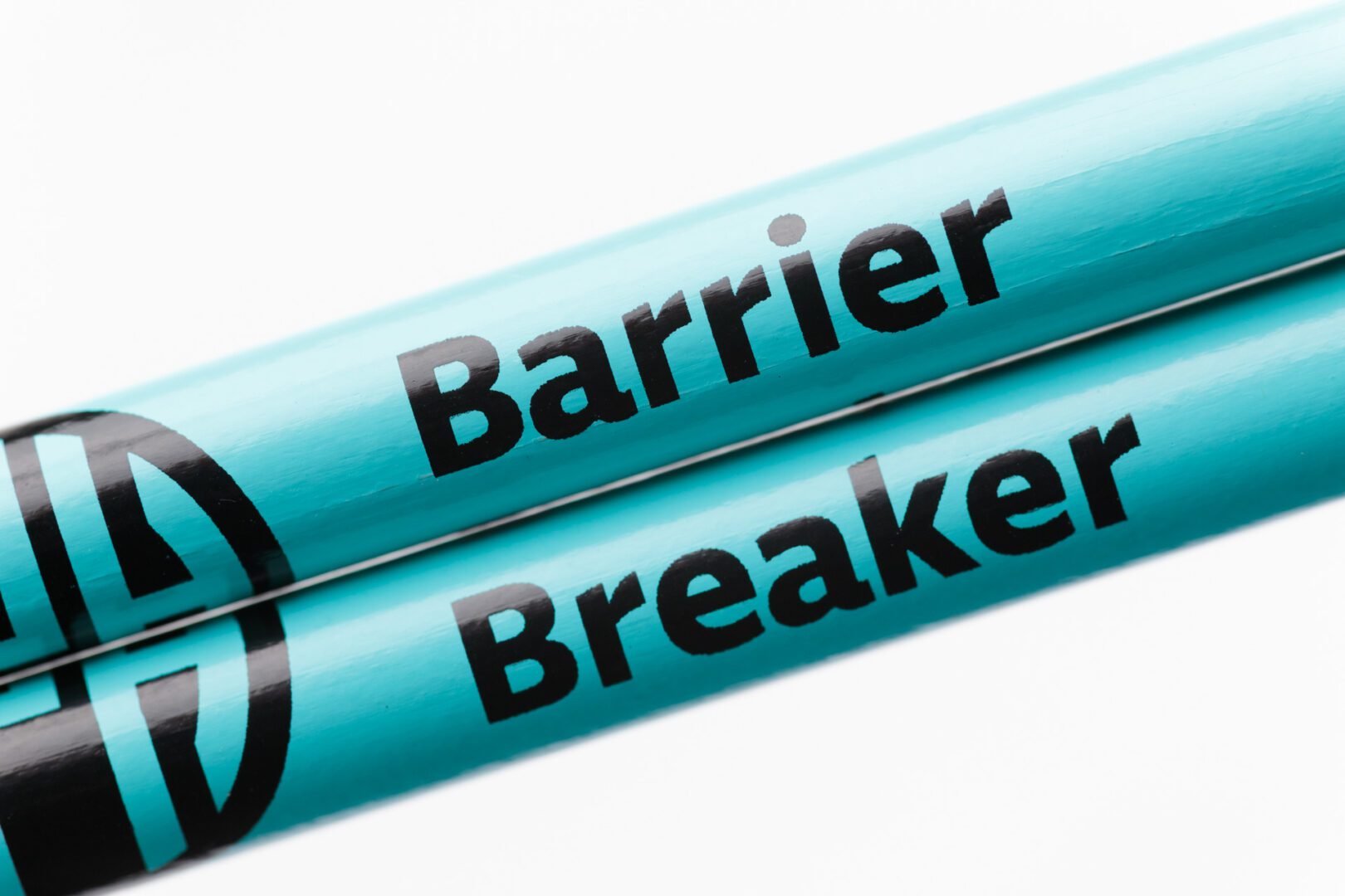 Two teal pencils held closely together to show the full black APH logo. The pencil on top says "Barrier" and the pencil on bottom says "Breaker."